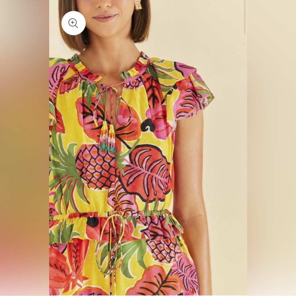 Farm Rio • Ruffle Mini Dress • Yellow Fruit Dream • XS • Beaded Tassels • $180 - Picture 2 of 14
